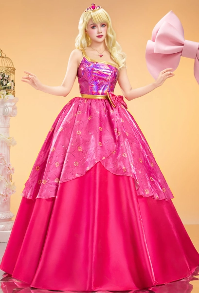 Barbara Princess Charm Cosplay Costume Pink Dress with Necklace and Crown