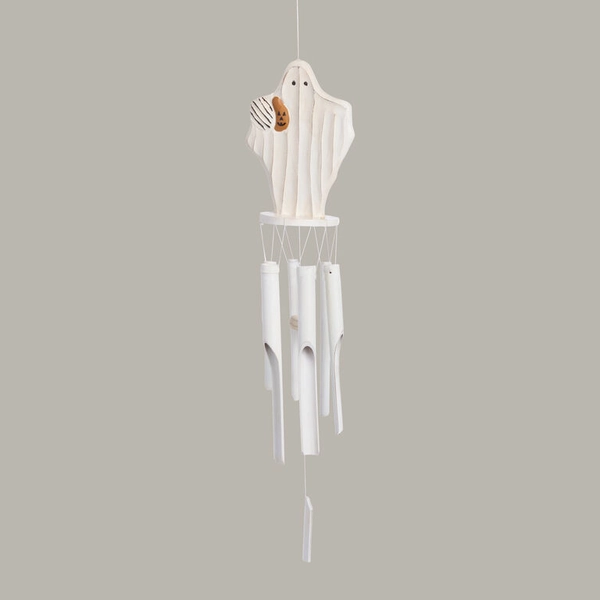 White Wood and Bamboo Ghost with Pumpkin Wind Chime