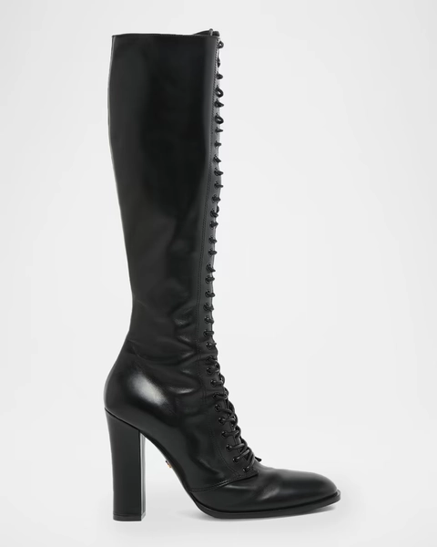 Lace-Up Leather Knee-High Boots