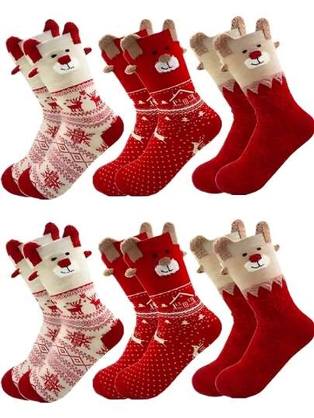 6 Pairs Women's Santa Claus, Snowman, Reindeer Red Christmas Mid-Calf Socks, Suitable For Christmas Outfits