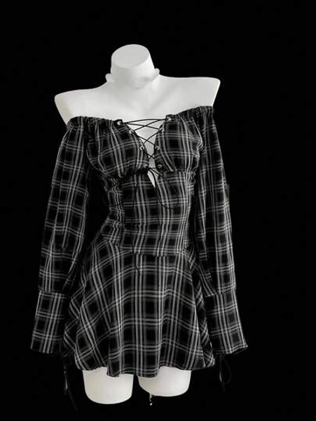 Sunspun Große Größen Off-Shoulder kariertes Bindeband Langarm A-Linien Kurzes Kleid