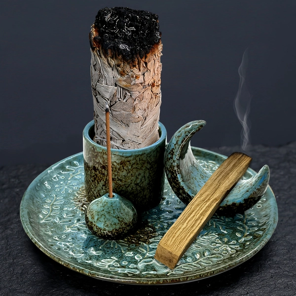 1pc Elegant Ceramic Incense Burner - 4-in-1 Holder, Premium Home Decor Tray, Perfect Ash Collection for Stick Holder, Sage, Candle Stand, Suitable for Christmas, Halloween, Wedding Party, Yoga, Meditation, Holiday Gift, Best for Christmas, Perfect for Thanksgiving