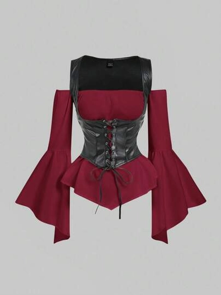 SHEIN MOD Plus Size Women's Color Block Cinched Waist Flare Sleeve Shirt/Christmas