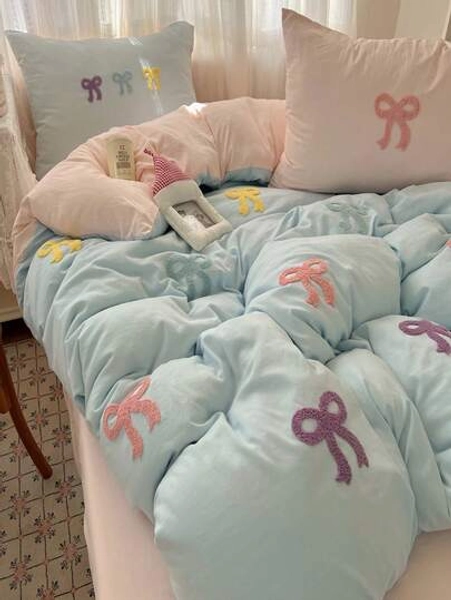 Cut Embroidery Colorful Bowknot Duvet Cover Set, White Bedding Set 3pcs,Including 1 Duvet Cover And 2 Pillowcases, Ultra Soft Breathable Chic Comforter Cover