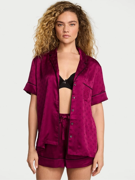 Logo Fresh Jam Jacquard Purple Satin Short Pyjamas Set