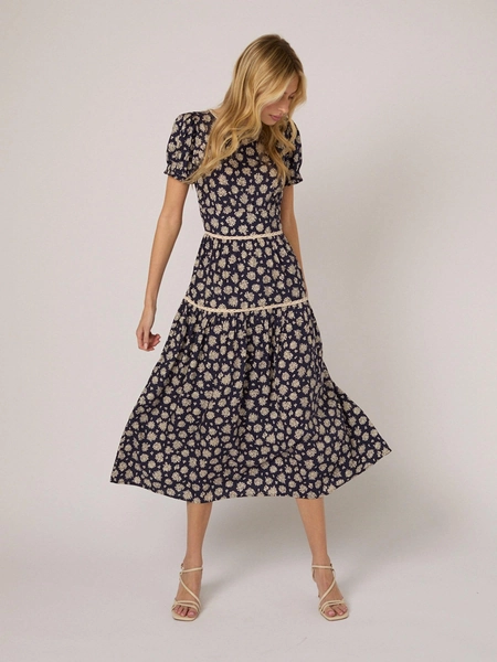 Nobodys Child Blue and Cream Floral Dara Round Neck Short Puff Sleeve Midi Dress - Size EU 34 (UK 6)