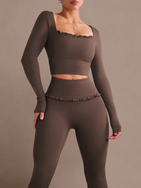 Ballet Ruffled Long Sleeve Sports Top (Espresso) - Small