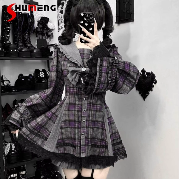 Original Japanese Mines Style Mass-Produced Navy Collar Bow Long Sleeve Single-Breasted Plaid Dress Shorts Two-Piece Set Women