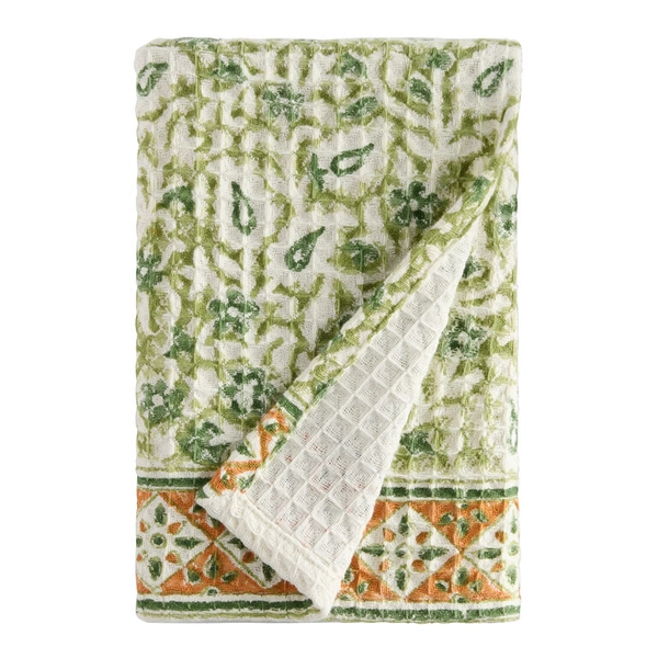 Gema Green Paisley Block Print Waffle Weave Hand Towel