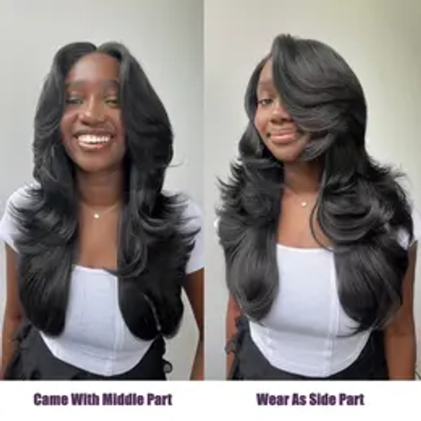 [Detroit Layers]24 Inches Big Head Friendly Kash Doll Layers Beginher Hair Extra Full & Voluminous Middle Part Heat Resistance Fiber 250% Density Big-Head Friendly T-Part Lace Synthetic Pre-Cut Glueless Wigs Natural Black Color SummerVibes