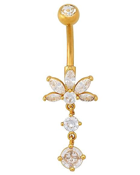 Flower Titanium CZ Gold Plated Flower Dangle Belly Ring 14 Gauge