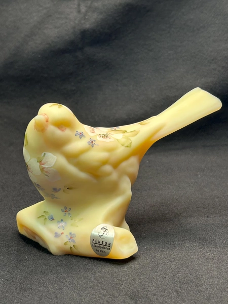 Fenton Burmese Bird on a Log Hand Painted Hibiscus