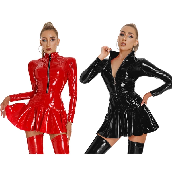 Womens Clubwear Latex Dress Babydoll Costume Liquid Lingerie Fit&Flared Zipper