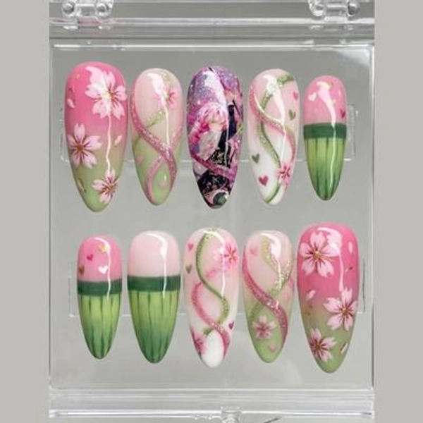 Ongles Mitsuri | Demon Slayer à presser sur les ongles avec stylet | Anime Kimetsu no Yaiba | Coeurs de Sakura roses et verts