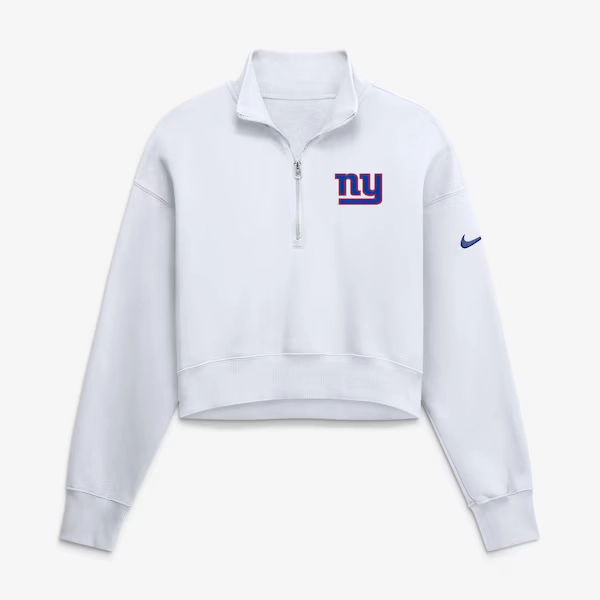 Women's New York Giants Nike White Oversized Phoenix Fleece Cropped Quarter-Zip Sweatshirt