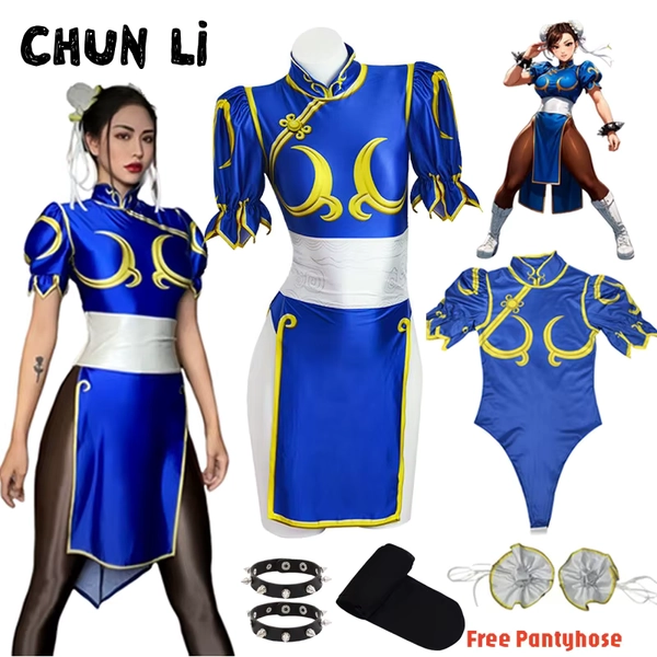 Disfraz de Street Fighter Chun Li para mujer, disfraz de juego Fighter Chunli, Cheongsam azul con tocado y pretina, disfraz de Halloween - AliExpress 200000532