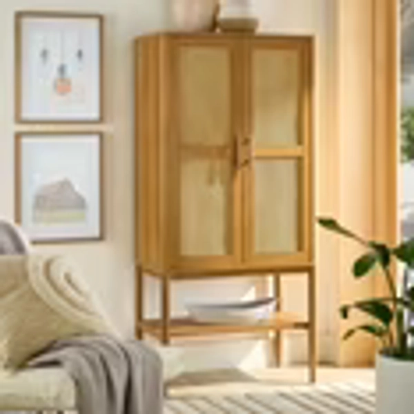 Better Homes & Gardens Springwood Caning Storage Accent Cabinet, Light Honey Finish