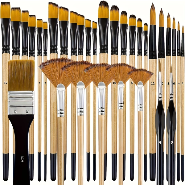 TEMU 32-piece Paint Brush Set - High-quality Nylon Bristles, Versatile Shapes For Acrylic, Oil, Watercolor - Master Artists And Beginners