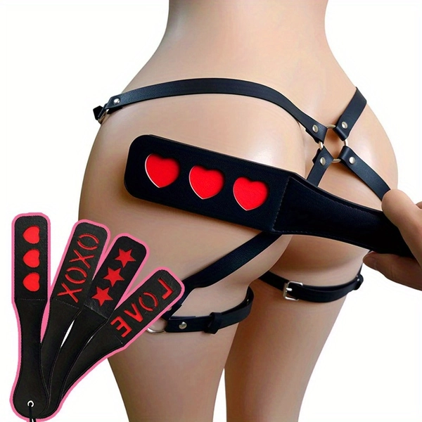 Double-Layer PU Leather Erotic Paddle, Heart-Shaped LOVE Riding Crop Erotic Toy, Fun Training Paddle