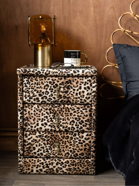 Rockett St George Leopard Velvet Starlet 3 Drawer Bedside Table 