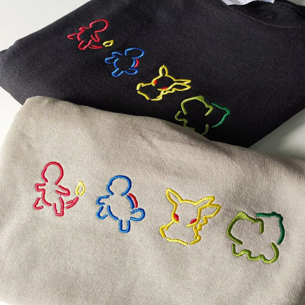 Embroidered Retro PKM Characters Sweatshirt, Trendy Cartoon Anime Crewneck, Anime Gifts, Gift for Friend, Funny Video Game Sweater