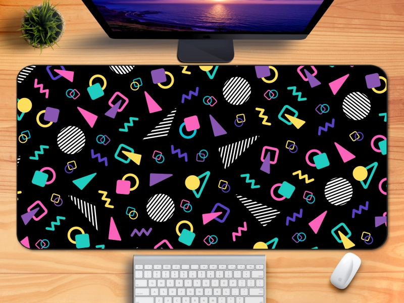 Retro 80s Desk Mat, Cute 90s Gaming Mouse Pad, XXL Extra-Large, Black Memphis Milano Design Style, Aesthetic Arcade Office Decor, Anti Slip