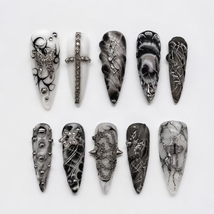 Monochrome Metal Press On Nails