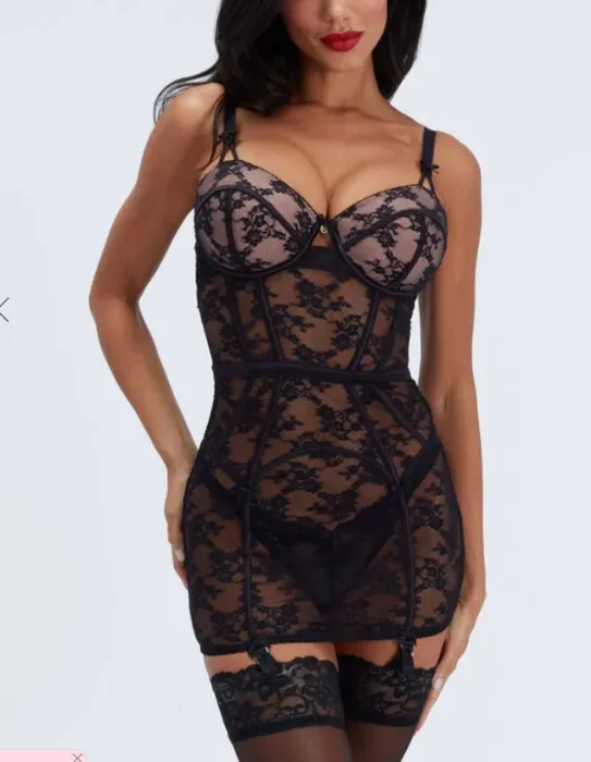 Alizay lace suspender short chemise - Black