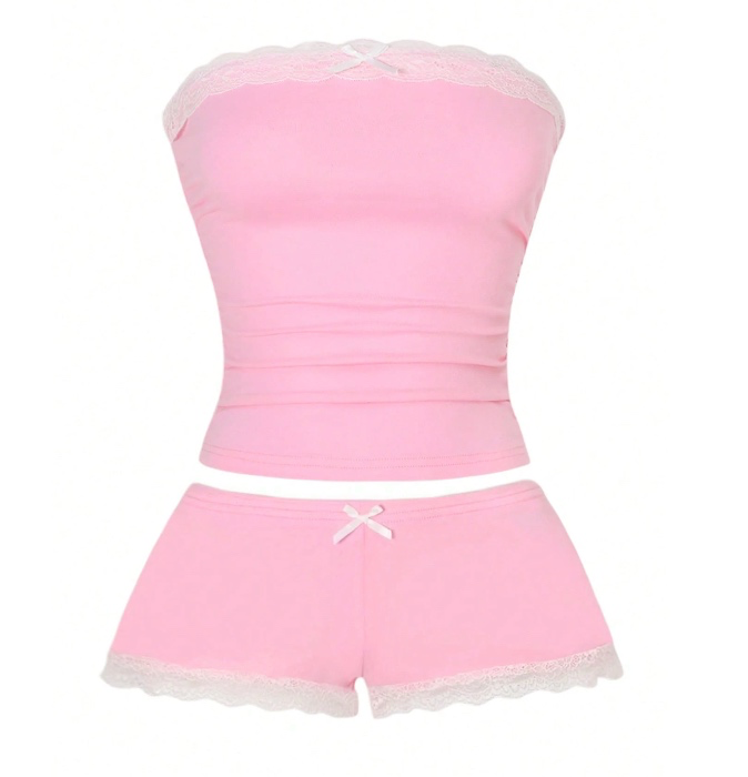 Pink Lace Patchwork Fitted Crop Top And Shorts