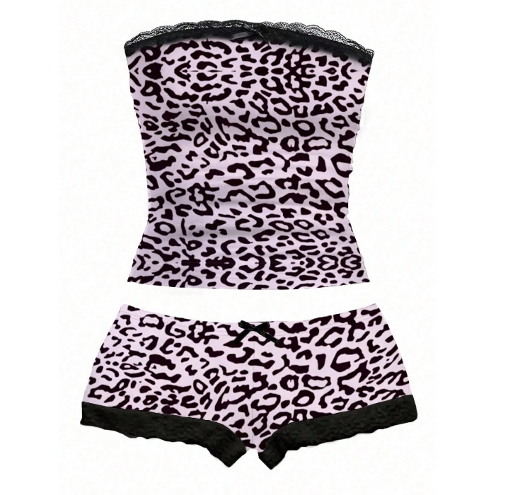 Women Leopard Print Lace Splicing Camisole Top And Shorts Set