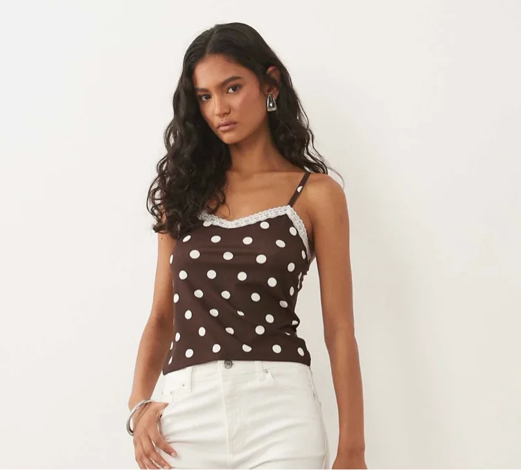cami top with lace hem in chocolate polka dot 