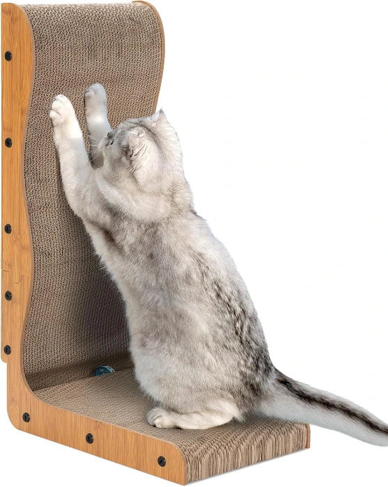  Kratzbrett Katze L Förmige - Happy & Polly 66 cm Kratzpappe für Katzen mit Ball Hochdichtes Verschleißfestes - Schützen Sie Möbel und Sofas Geeignet für Wände und Ecken, Groß 