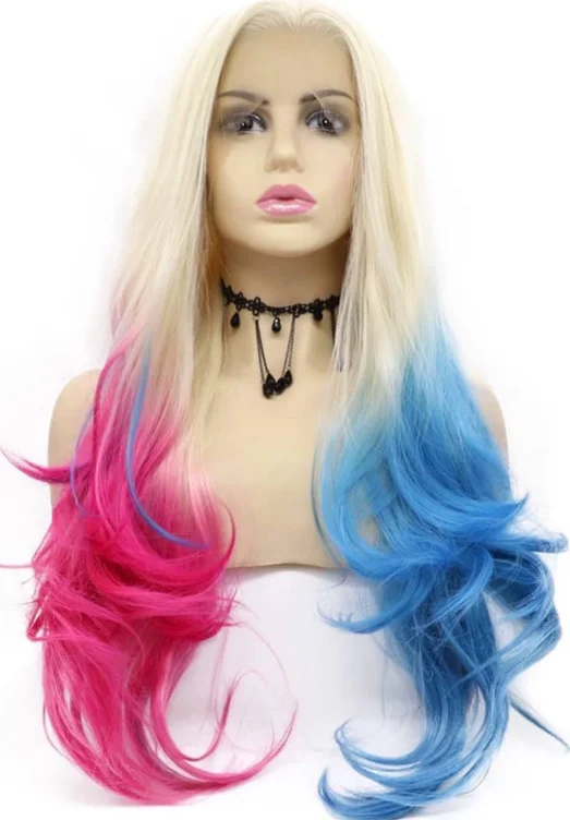 Long Pink Blue Lace Front Wigs for Women Long Wavy Blonde Ombre Synthertic Lace Front Wig Pre Plucked Natural Hairline Half Pink Blue Colorful Wig Glueless Heat Resistant Fiber Hair Cosplay 26Inch - 24 - Blue Pink Colorful Lace Front Wig