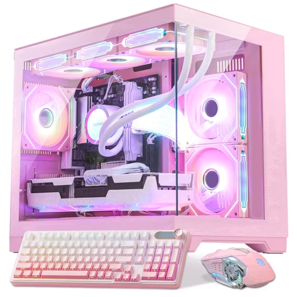 Hoengager Gaming PC -AMD Ryzen 7 9700X, RTX 5060 8G, 16GB DDR5, 1TB SSD, 850W Gold PSU, AIO Liquid Cooler, RGB Fusion 2.0, Win 11 + Keyboard- Pink