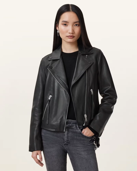 AllSaints Dalby Slim Fit Leather Biker Jacket Black 