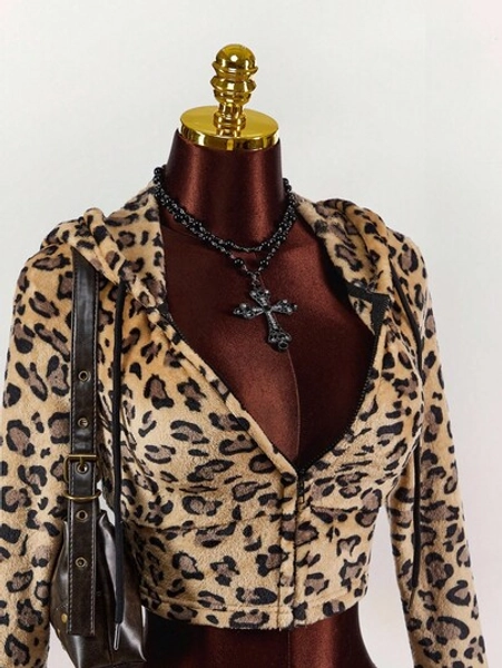 Amplova Moletom feminino com capuz e forro térmico, estampa de leopardo, moda outono/inverno
