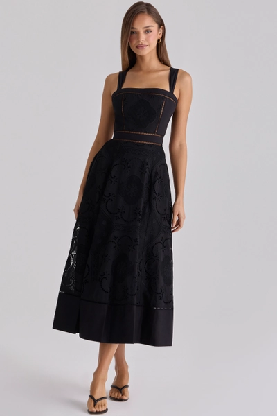 Ava Black Cotton Placement Broderie Anglaise Midi Dress