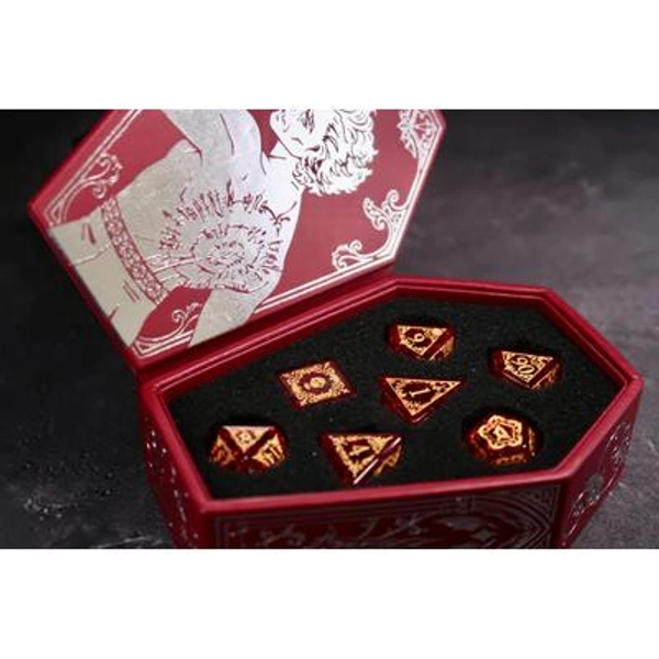 Astarion Gemstone Dice Set with Custom Vegan Leather Coffin Shaped Box