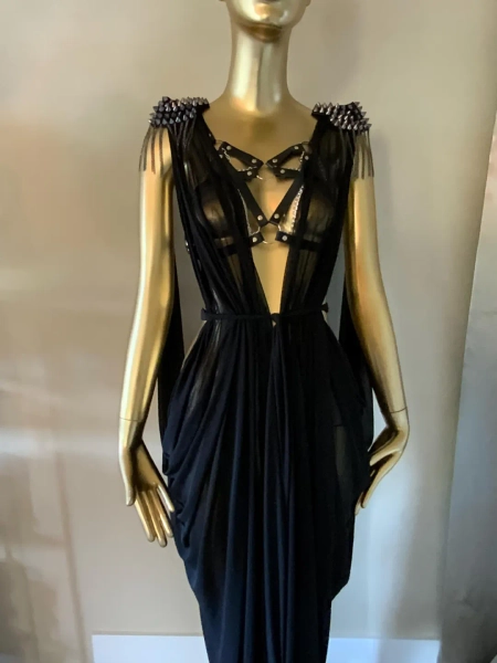 Grecian God dess Gown With Cage Harn ess in Sheer Black Mesh ,burlesque,drag,gift,custom Handmade Evening Gown