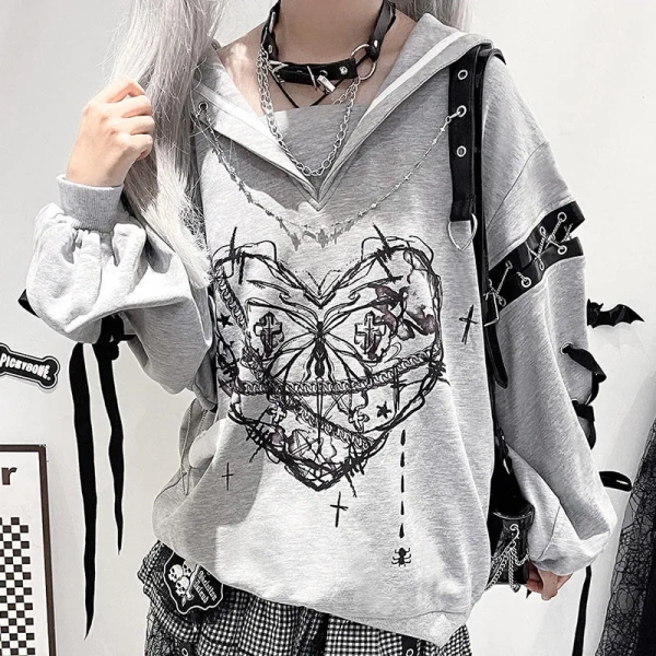 Love Print Hollow Out Lace-up Sweatshirt