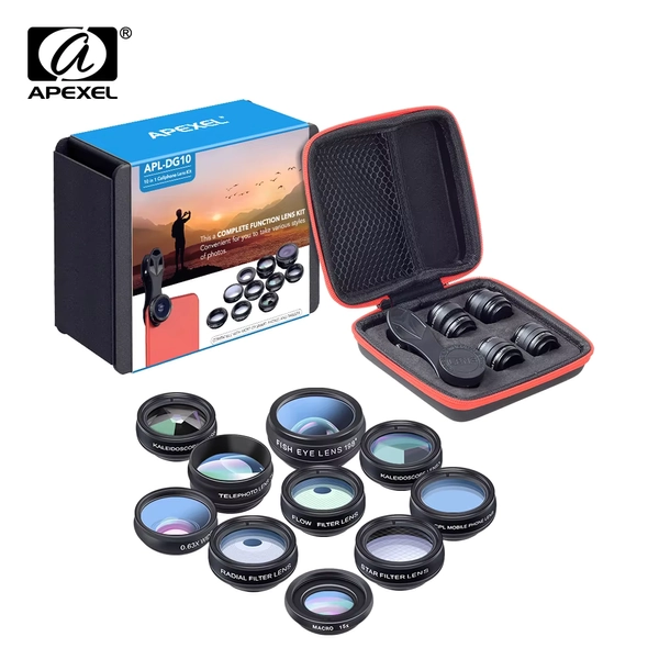 Apexel kit de lente de telefone universal 10 em 1 lente macro grande angular olho de peixe filtro cpl caleidoscópio + lente de telescópio 2x para smartphone - AliExpress 202192403