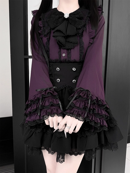 Purple Jirai Kei Lace Trim Bell Sleeves Blouse