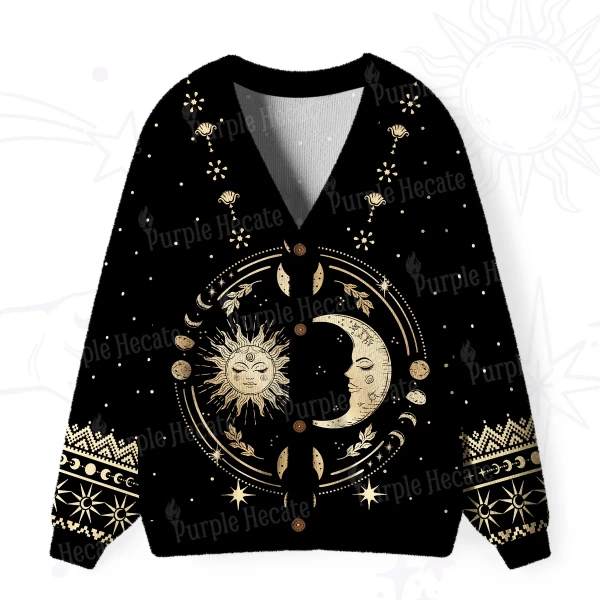 Purplehecate Celestial Sun and Moon Ugly Cardigan Sweaters