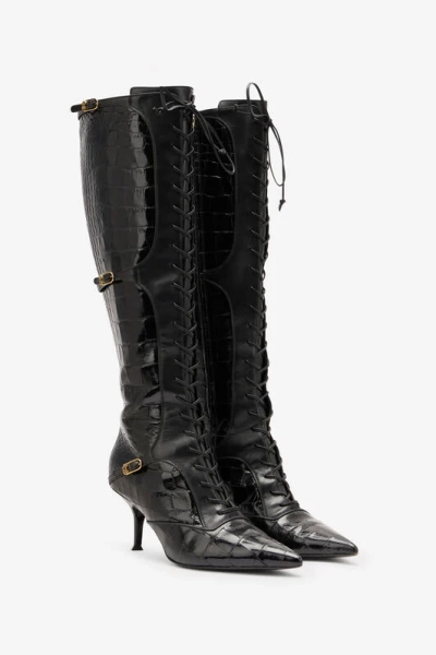 Pointed Lace-Up Boots With Crocodile Effect
