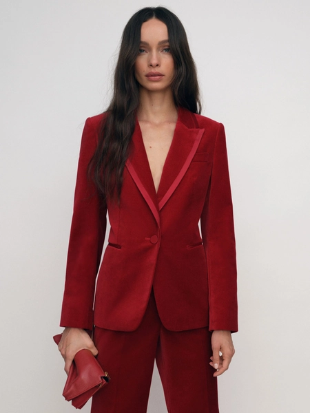 Velvet Single-Breasted Suit Blazer in Red