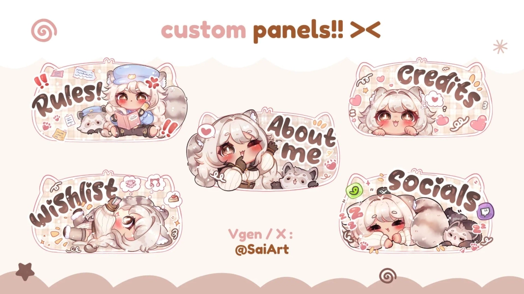6 Custom Twitch Panels by Sai Art (@SaiwaiiArt)