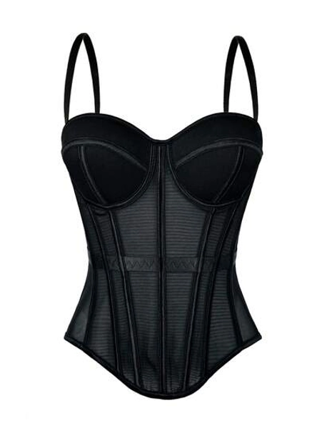 Women’s Fashion Solid Brown Corset, Backless Outerwear, Mesh Top with Built-In Bra, Fall/Winter Lingerie-Inspired Top