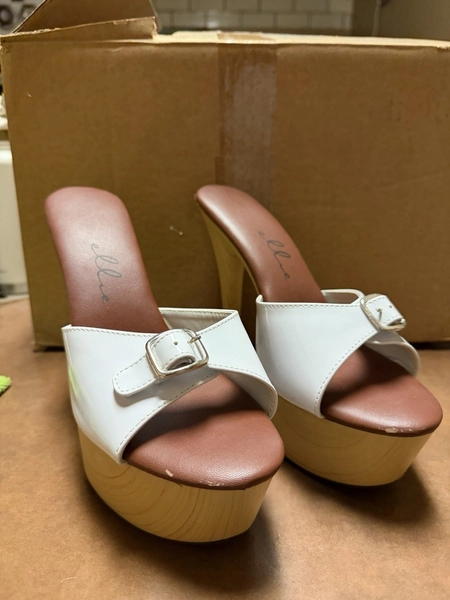 Ellie Shoes White Patent Platform Stiletto Heels Buckle Accent Open Toe Women