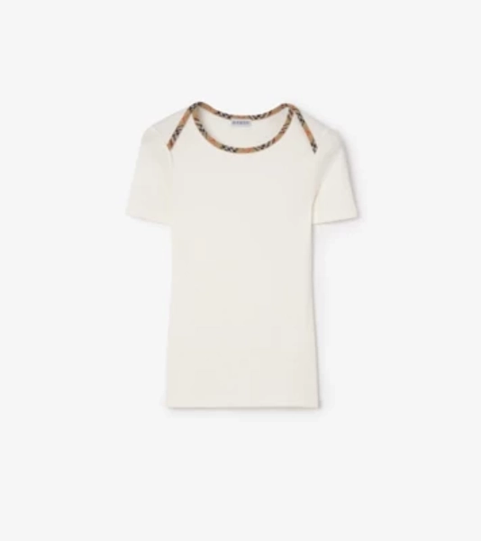 Check Trim Stretch Cotton T-shirt in Chalk white - Women | Burberryยฎ Official