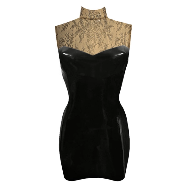 Latex Sweetheart Mini Dress in supatex black and semi-trans cloud lace